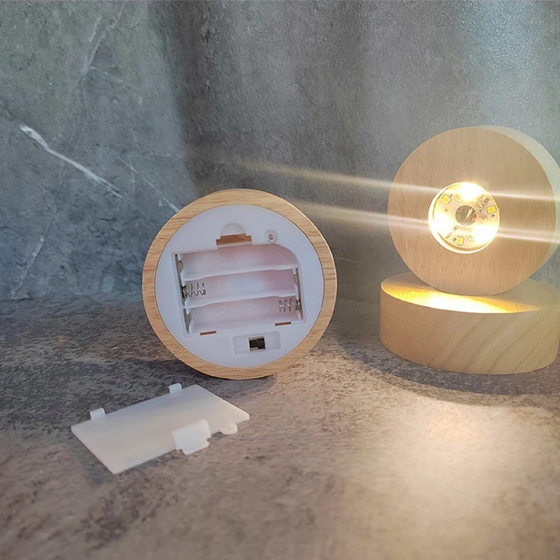 Wireless round LED light base 8 cm 10 cm warm white coloured battery-operated wooden display stand 3D crystal resin ball