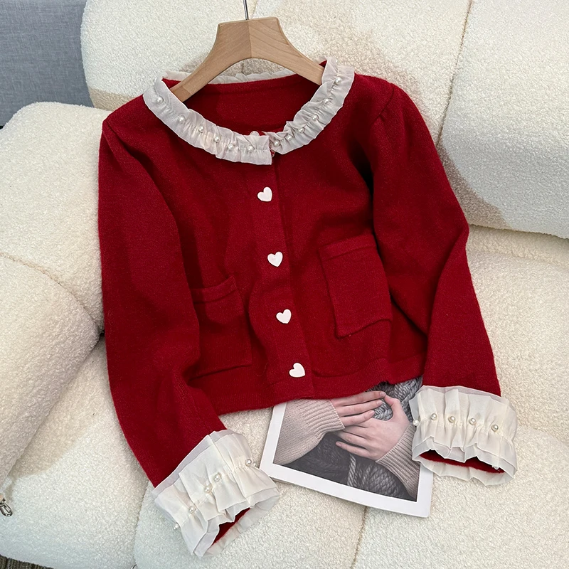 

Женский винтажный кардиган с деревянными ушками, однобортный свитер составного кроя с бусинами, модель Y2k на весну-осень 2024