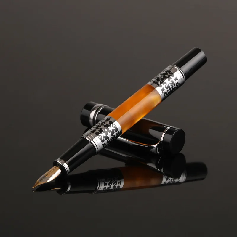 BOOKWORM 675 Black-Orange Silver Flower Amber Celluloid Bent Nib Art Fountain Pen School Supplies Calligraphy Pen fountain pen
