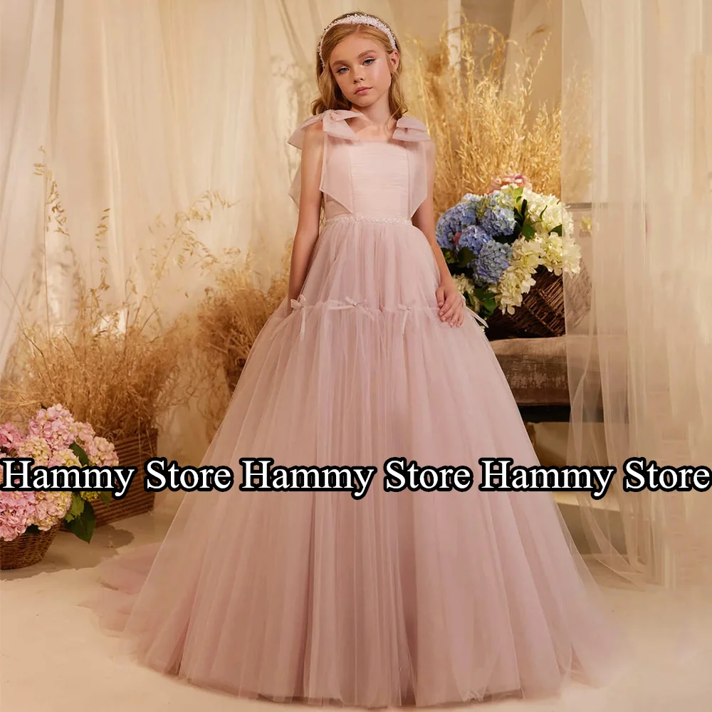 

Dusty Pink Flower Girl Dress Sleeveless Crystals Bow Pleat Sweep Train Soft Tulle Birthday Party Dresses First Communion Gown