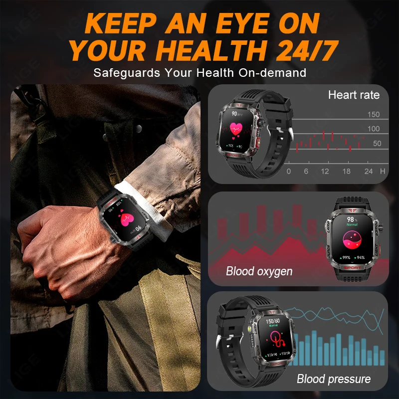 2024 New Military Outdoor Men's Smart Watch 600 mAh Battery Waterproof Fitness Blood Oxygen Bluetooth Call Smartwatch For Xiaomi 6