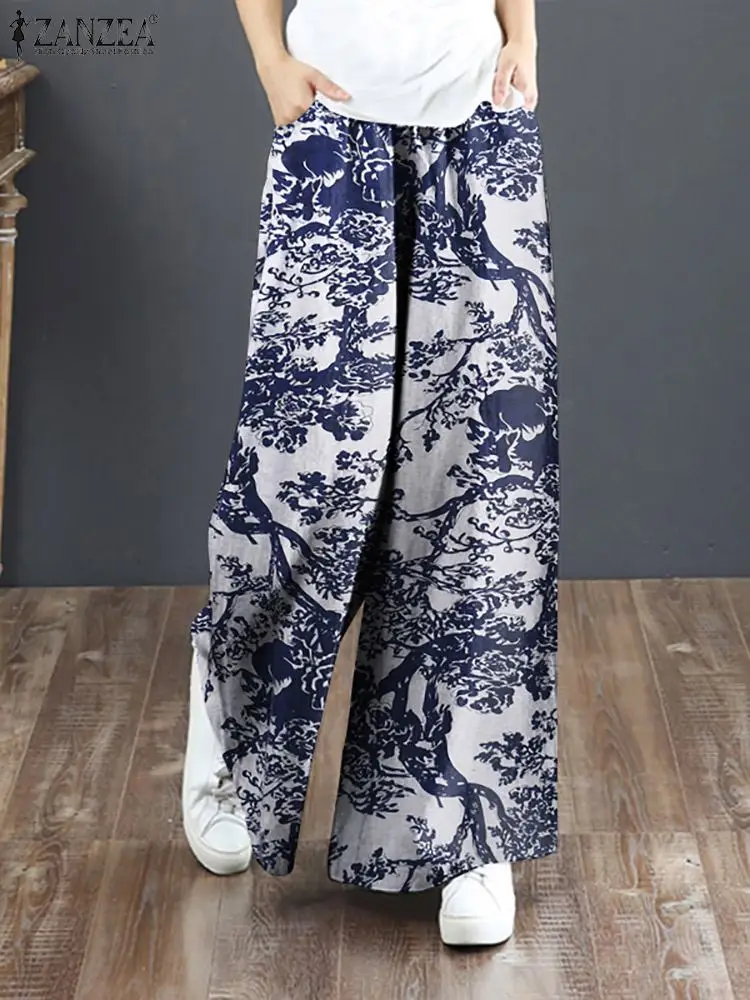 

ZANZEA Autumn Vintage Floral Printed Long Trousers Women Wide Leg Pants Oversize Bohemian Cotton Pantalon Loose Harem Palazzo