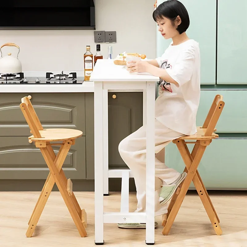 Bamboo Foldable Bar Chair Sturdy Portable Space Saving High Counter Stool with Backrest Dining Coffee Shop Nordic Furniture
