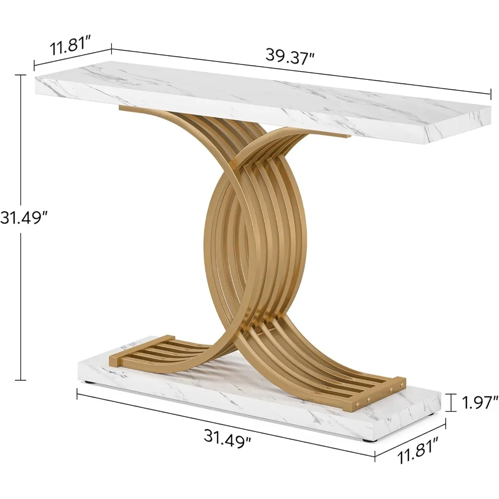 Gold Entryway Table, Modern 39-Inch Console/Accent Table with Geometric Metal Legs, Faux Marble Narrow Wood Sofa Table 2