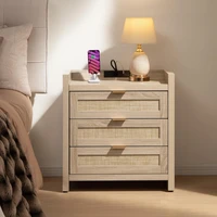 Rattan Nightstands Set of 2 Bedside Table - Larger Night Stand with Type-C Charging Station, 3 Drawers Storage 2