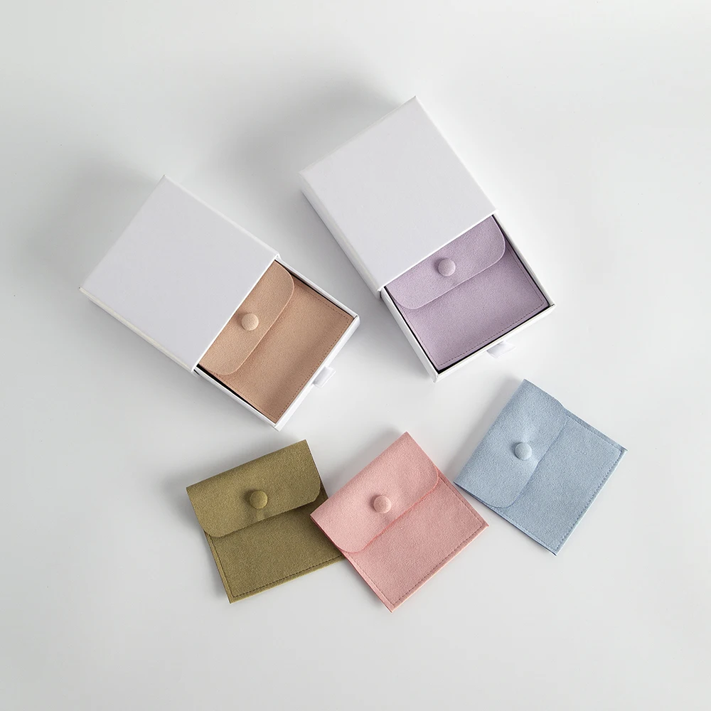 White Drawer Jewelry 9x9x1.7cm Box Inside With 8x8cm Microfiber Button Bag Wedding Valentine's Day Candy Storage DIY Gift Set