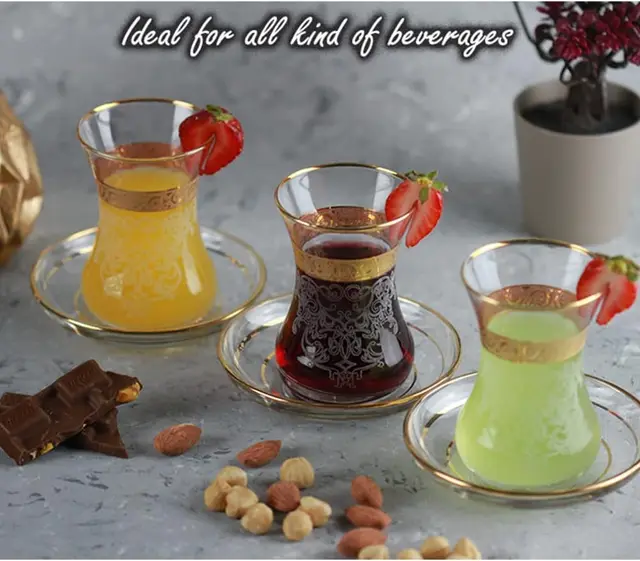 Vintage Turkish Tea Glasses Set of 6 – Gold Moroccan Style Cups & Saucers