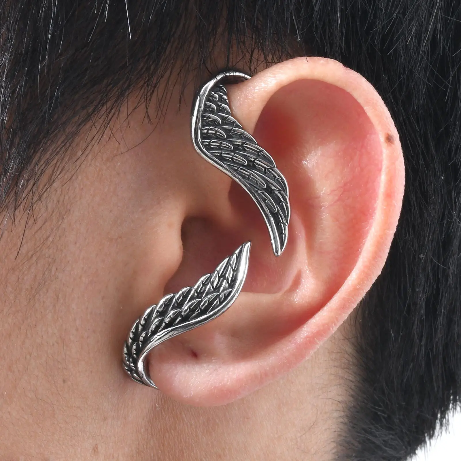 Cuff Feather Earring Male Vnox Punk Mens Wing Wrap Earrings
