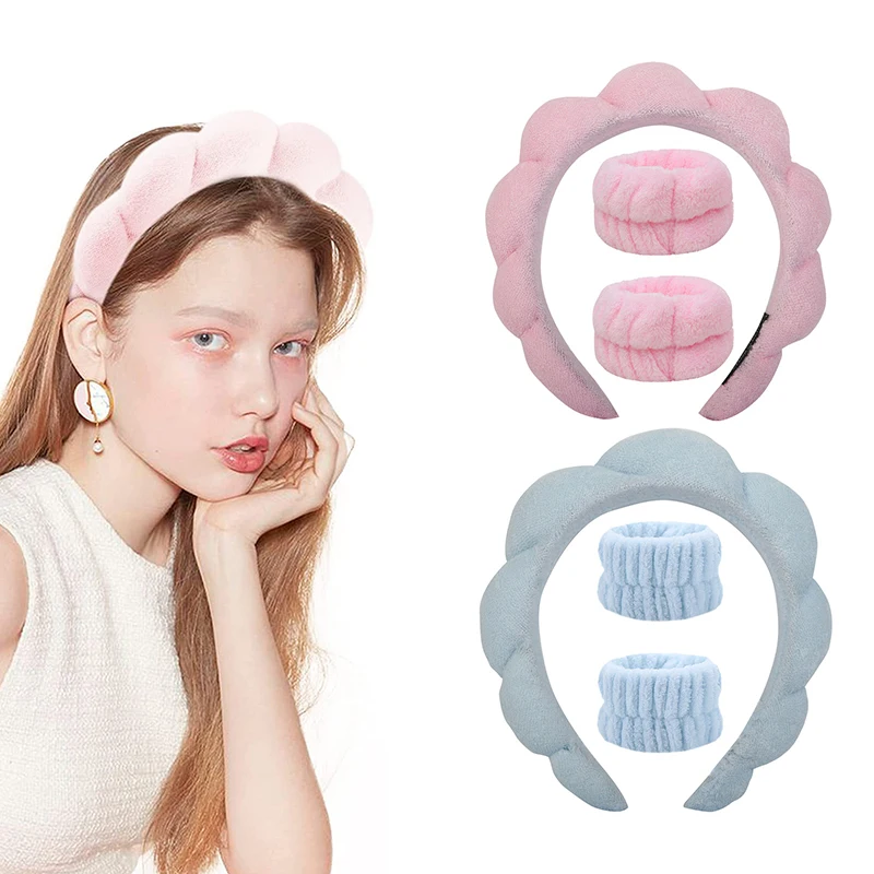 

Sponge Spa Headband With Wristbands For Washing Face Wide Padded Headband Skin Care Makeup Removal Shower For Women Girls