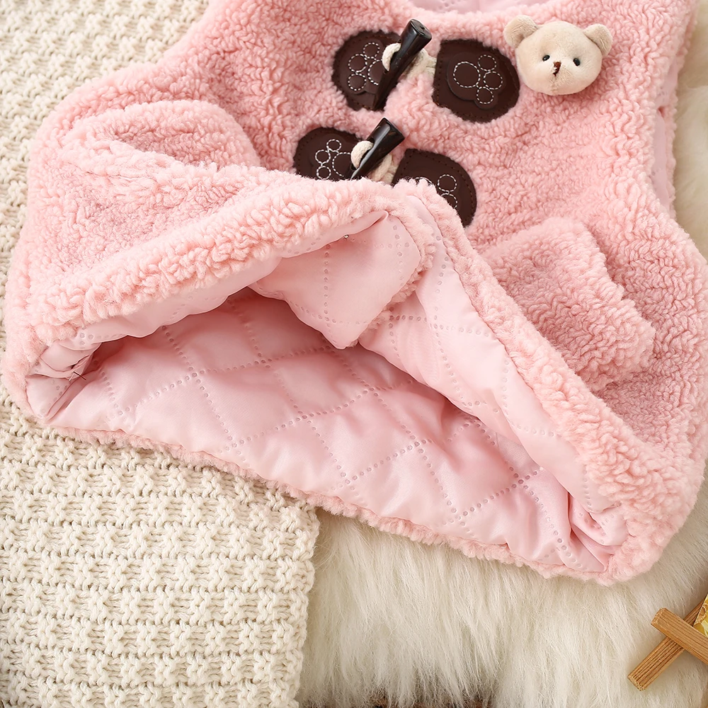 Autumn and Winter Girls' Cute Granular Velvet Vest New Cowhorn Button Little Bear Cartoon Solid Color Versatile Coat