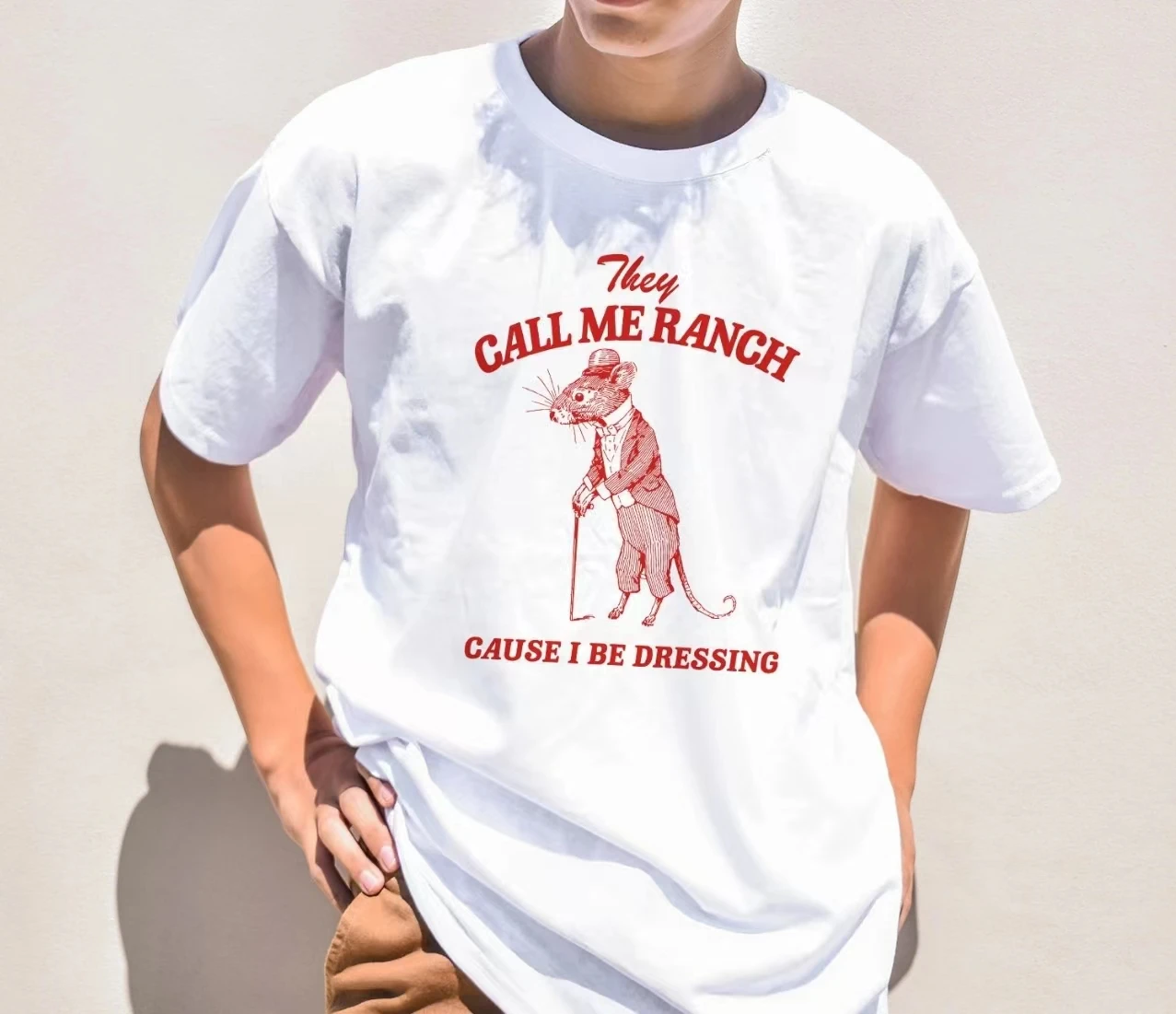 

They Call Me Ranch Cause I Be Dressing Slogan Women T-shirt Vintage Cartoon Gentleman Mouse Print Female Stylish Casual Shirt