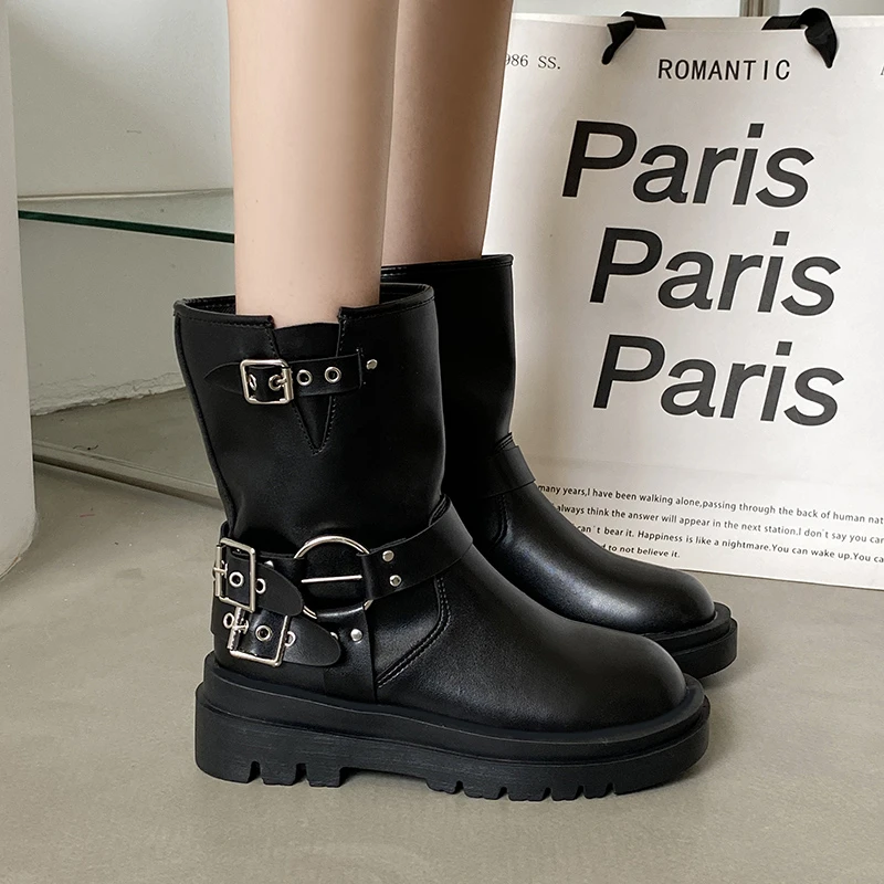 

Женские модные зимние ботинки без шнуровки, женские ботинки до середины икры, обувь на платформе и квадратном каблуке, женские ботинки с ремешком и пряжкой