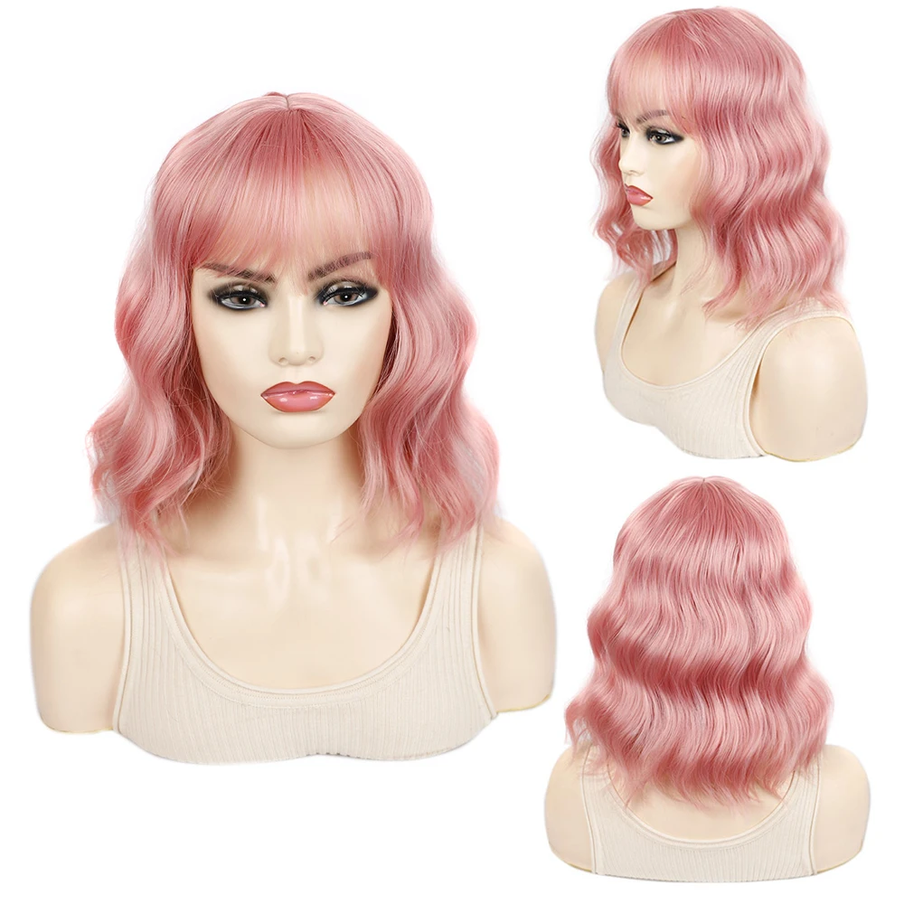 Synthetic Wavy Wig With Bangs Short Bob Pink Wigs Curly Wavy Shoulder Length Cosplay Wig Daily Colorful Wig