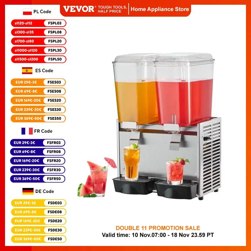 VEVOR Commercial Beverage Dispenser, 18L X 2 Tanks Ice Tea Drink Machine, 590W 304 Stainless Steel Juice Dispenser, for Party