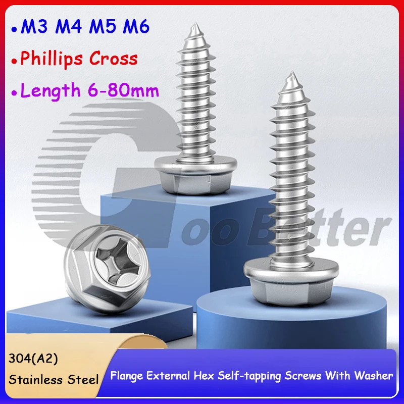 

Flange External Hex Self-tapping Screws With Washer M3 M4 M5 M6 Phillips Cross Wood Screw Bolts A2 304 Stainless Steel