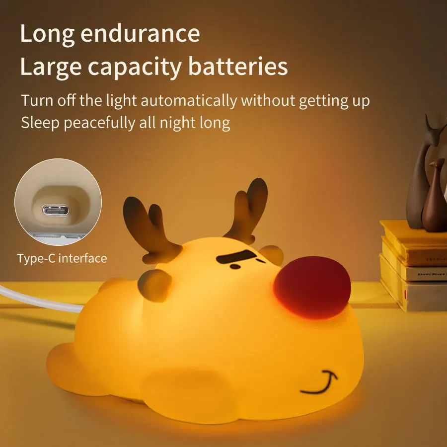 순록 실리콘 LED 야간 조명, USB 충전, 수면 램프, 타이밍 룸 장식, 크리스마스 선물, 어린이용 LED 조명