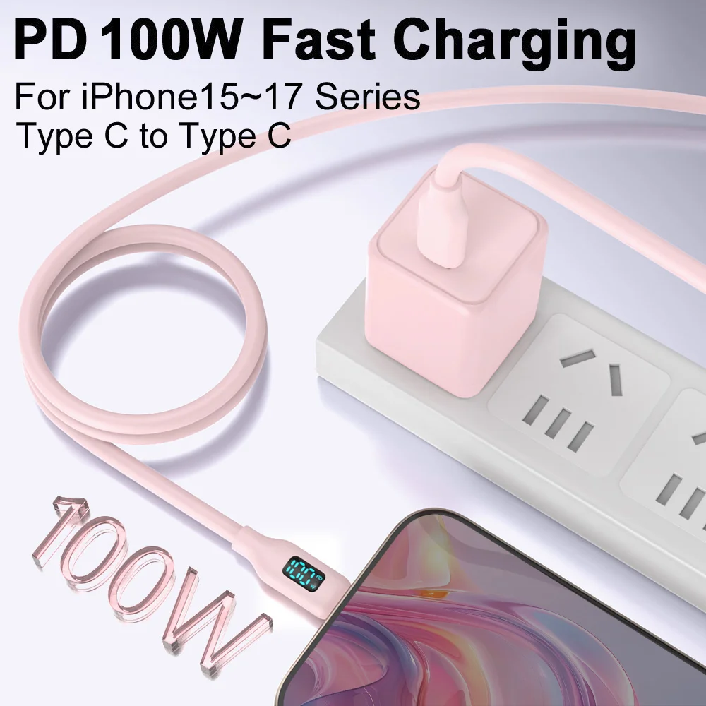 핑크 PD 100W USB C 초고속 충전 케이블 실리콘 LED 디스플레이 화면 포함 아이폰 17/16/15 타입-C 폰 및 태블릿용