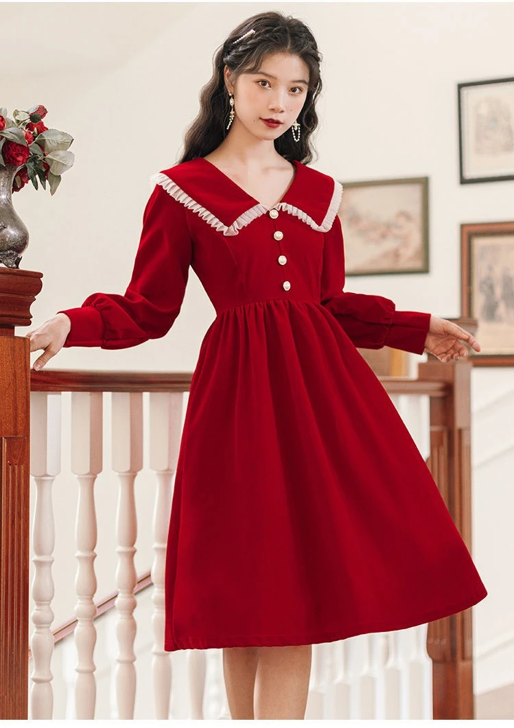 Jielur 2022 Frauen Party Kleider Koreanische Vintage Samt Schwarz Langarm Robe Elegante Kleidung Japanische Peter Pan Kragen Kleid – Detail 7
