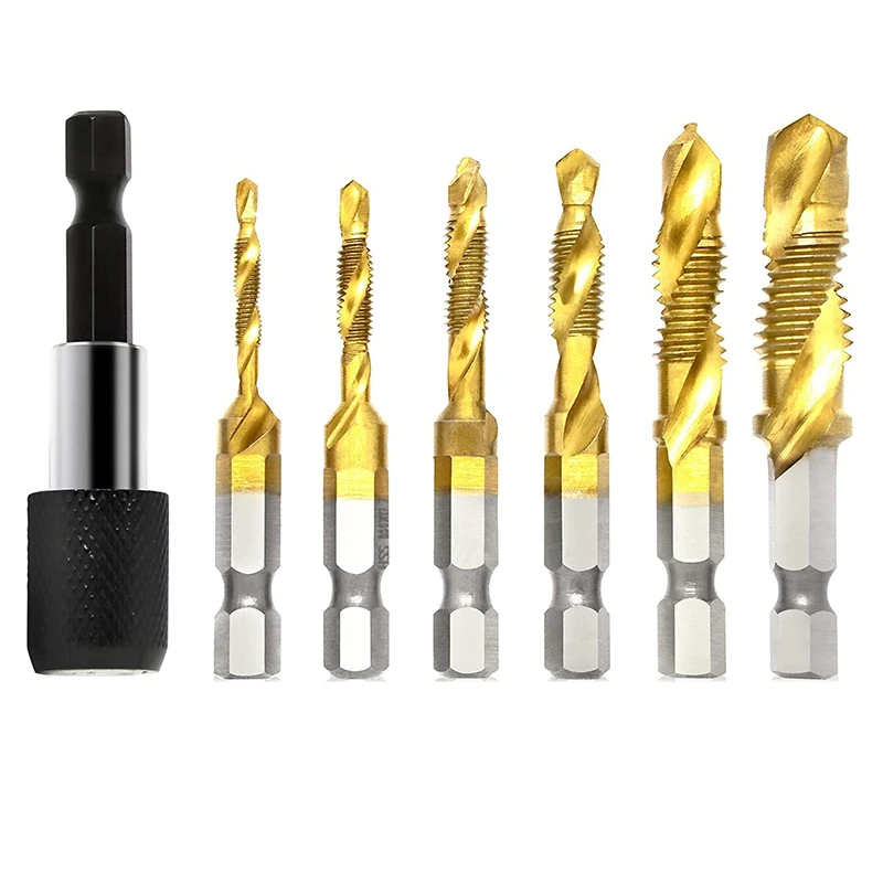 

AT14 7Pcs Combination Drill And Tap Bit Set 3-In-1 Coated Screw Tapping Bit Tool For Drilling Metric Thread HSS M3-M10