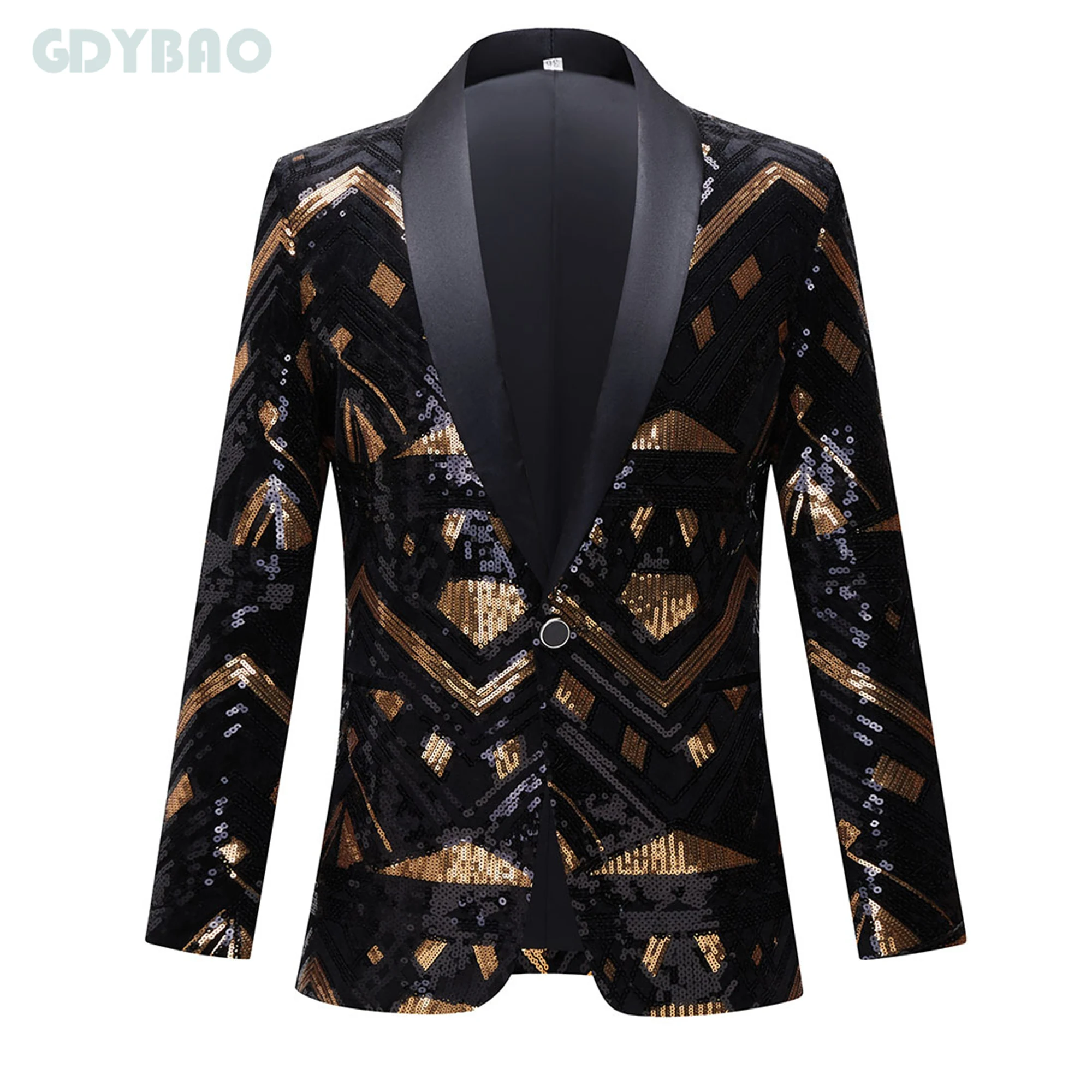 

Black Gold Sequin Suit Coat Performance Dress Men One Button Peak Lapel Suit Jacket Party Wedding Prom Costume Homme