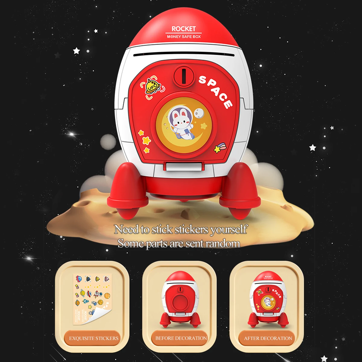 Rocket Piggy Bank Toy Key Unlocking Spacecraft Large Capacity Money Saving Box Gifts for 3+ Boys and Girls