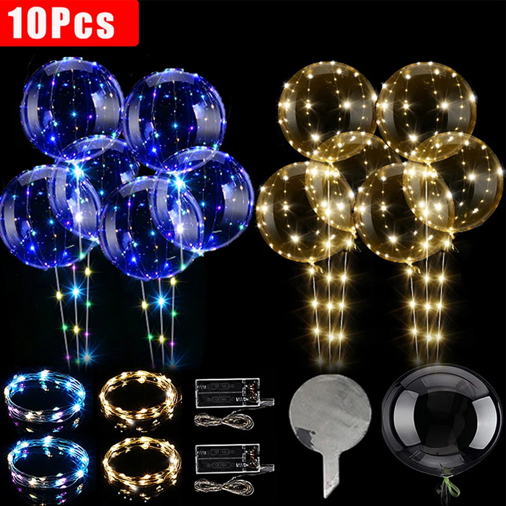 10Pcs Light Up LED Balloons Clear Flashing Bobo Balloon with Strings Halloween Christmas Glowing Decoration Party Supplies