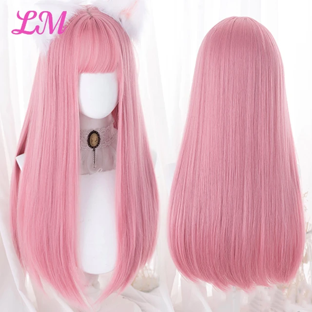 LM Cosplay Wig With Bangs Synthetic Straight Hair 24 Inch Long Heat-Resistant Pink Wig For Women 3