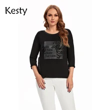 

KESTY Women's Plus Size T-Shirt Spring Cotton 3/4 Sleeve Top with Sequins Round Neck Stretch Loose Top