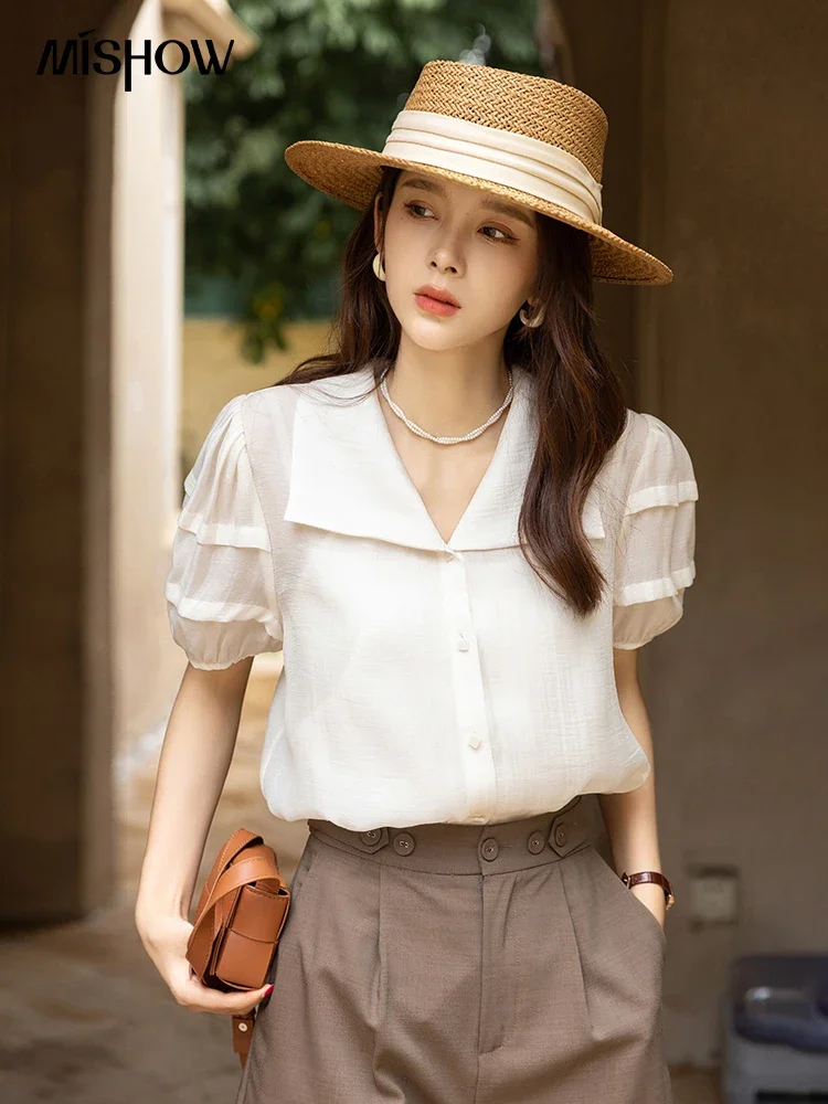 

MISHOW Puff Short Sleeve Blouses for Women Fashion 2023 Korean Button Up Loose Solid Vacation Shirt Chic Top Female MXB26C0425