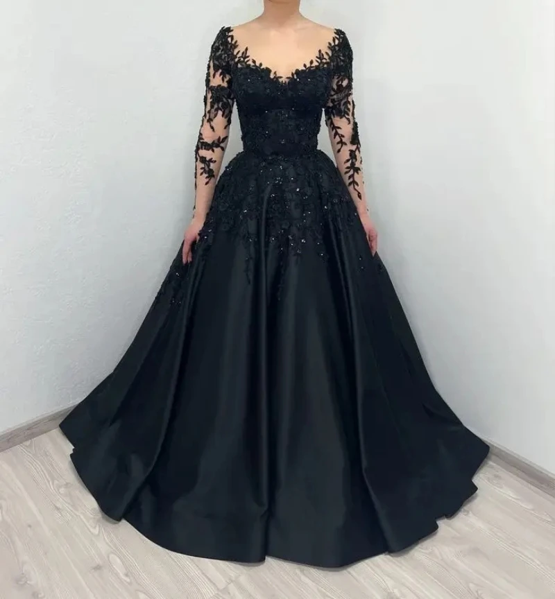 

Black Satin A Line V-Neck Lace Long Sleeves Prom Dresses Applique Sweep Train Robes De Soirée Evening Party Vestidos De Noche