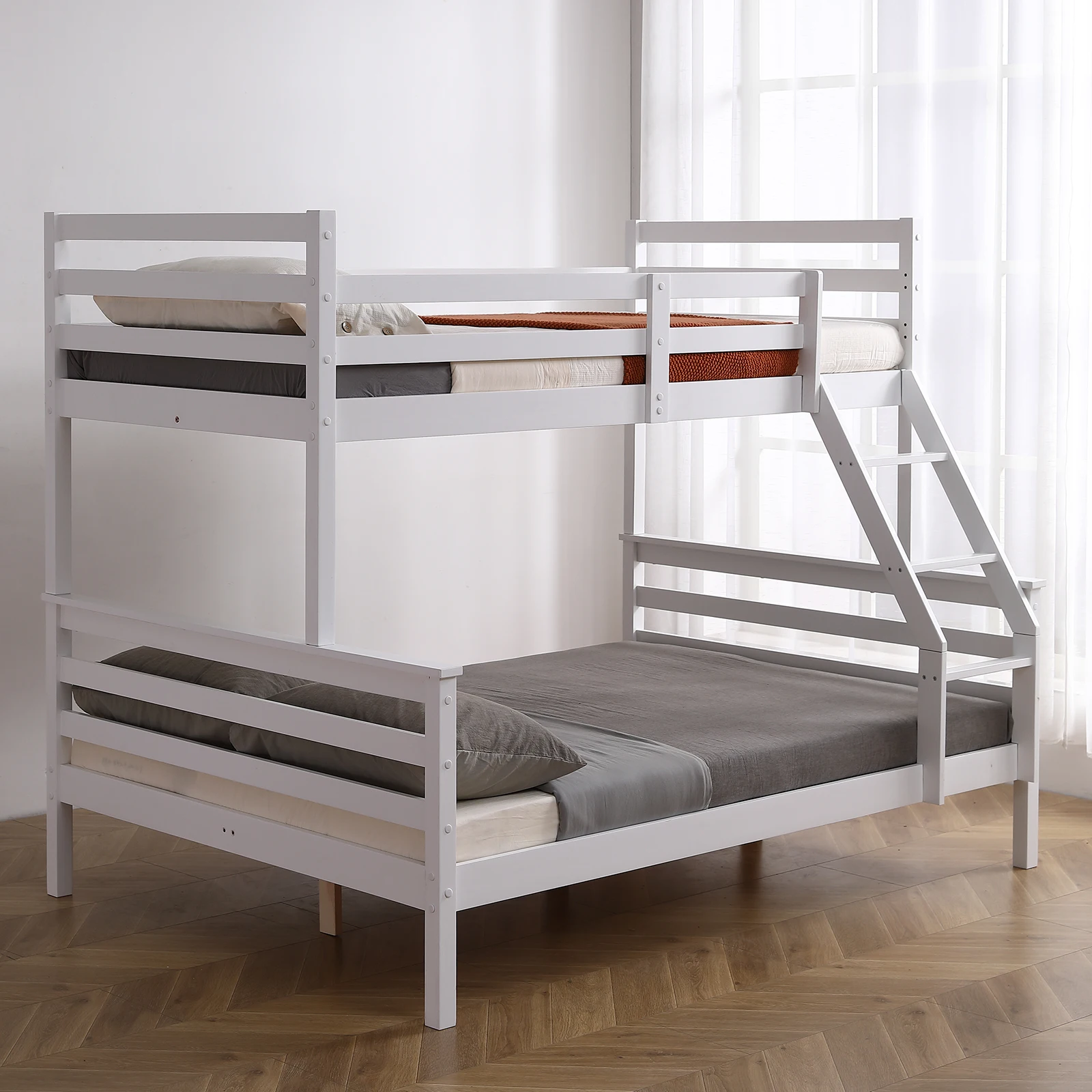 

Twin Over Full Bunk Bed, 2 in 1 Double Beds, Sturdy Wooden Frame for Kids & Teens with Side Ladders and Safety Guard Rail