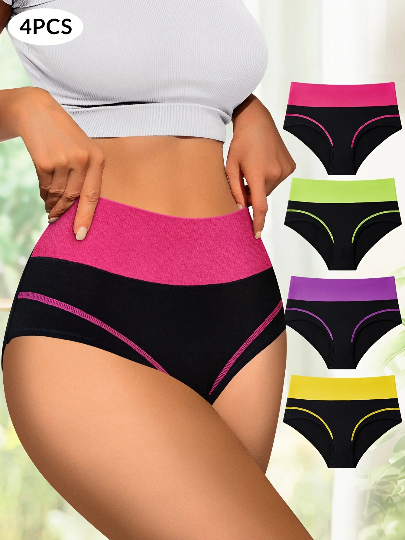High Waisted Tummy Control Panties - 4pcs Breathable Cotton Triangle Underwear