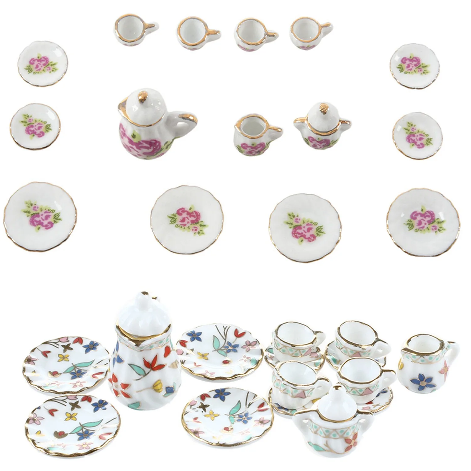 

2 Set Miniature Dinnerware Porcelain Tea Set - Colorful Floral Print & Chinese