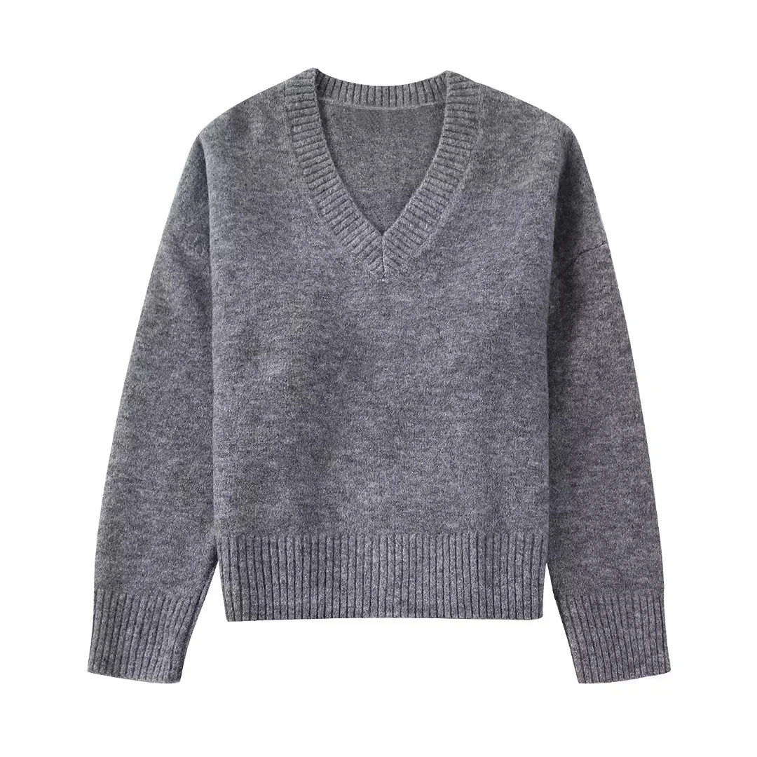 

TRAF Women's Grey Sweater 2023 Autumn Winter Warm Pullovers Woman V-Neck New Knitwears Fashion Female Long Sleeves Pulls Chauds