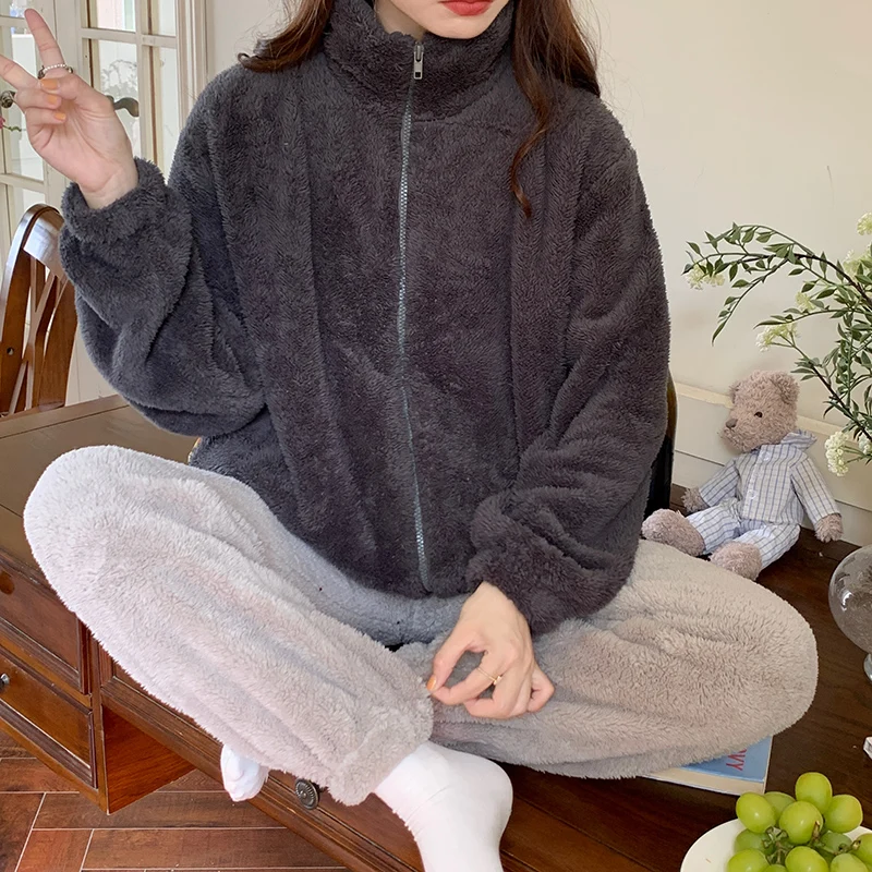 Winter New Sleepwear Women's Long Plush High Neck Zipper Long Sleeve Pants Cartoon Cute Warm Coral Plush Large Home Fur Set