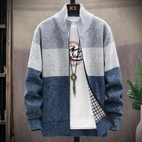 Men's Fashion Knitted Fleece Lined Zipper Jacket Autumn Winter Casual Color Block Sweater Coat Male Model Clothing Knitwear
