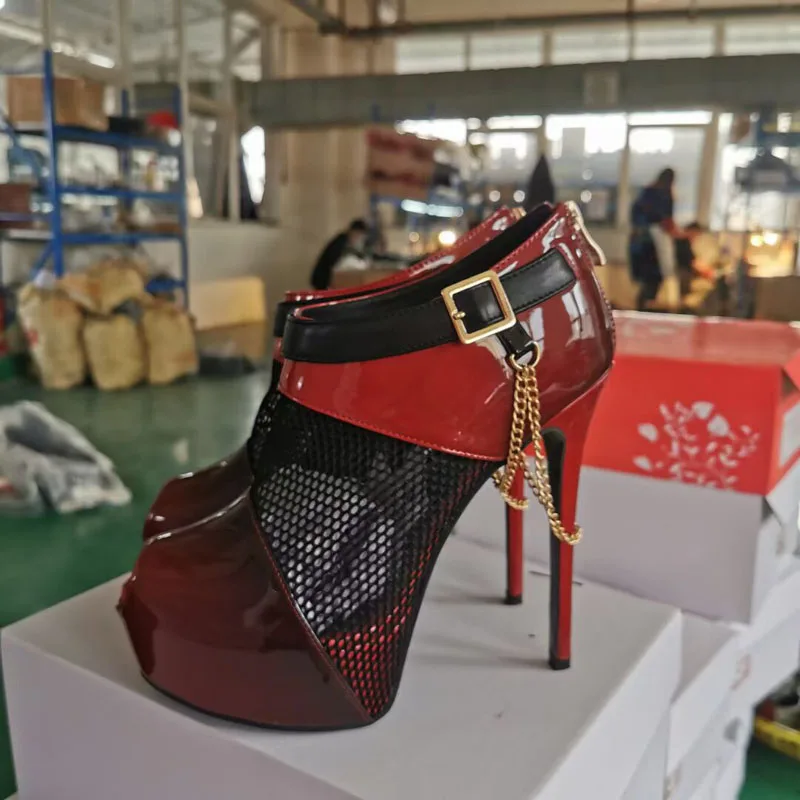 

Club Sexy Mesh Patchwork Red Gradient Leather Ankle Boots Platform Belt Buckle Chains Decor Back High Heels Woman Sandals Boots