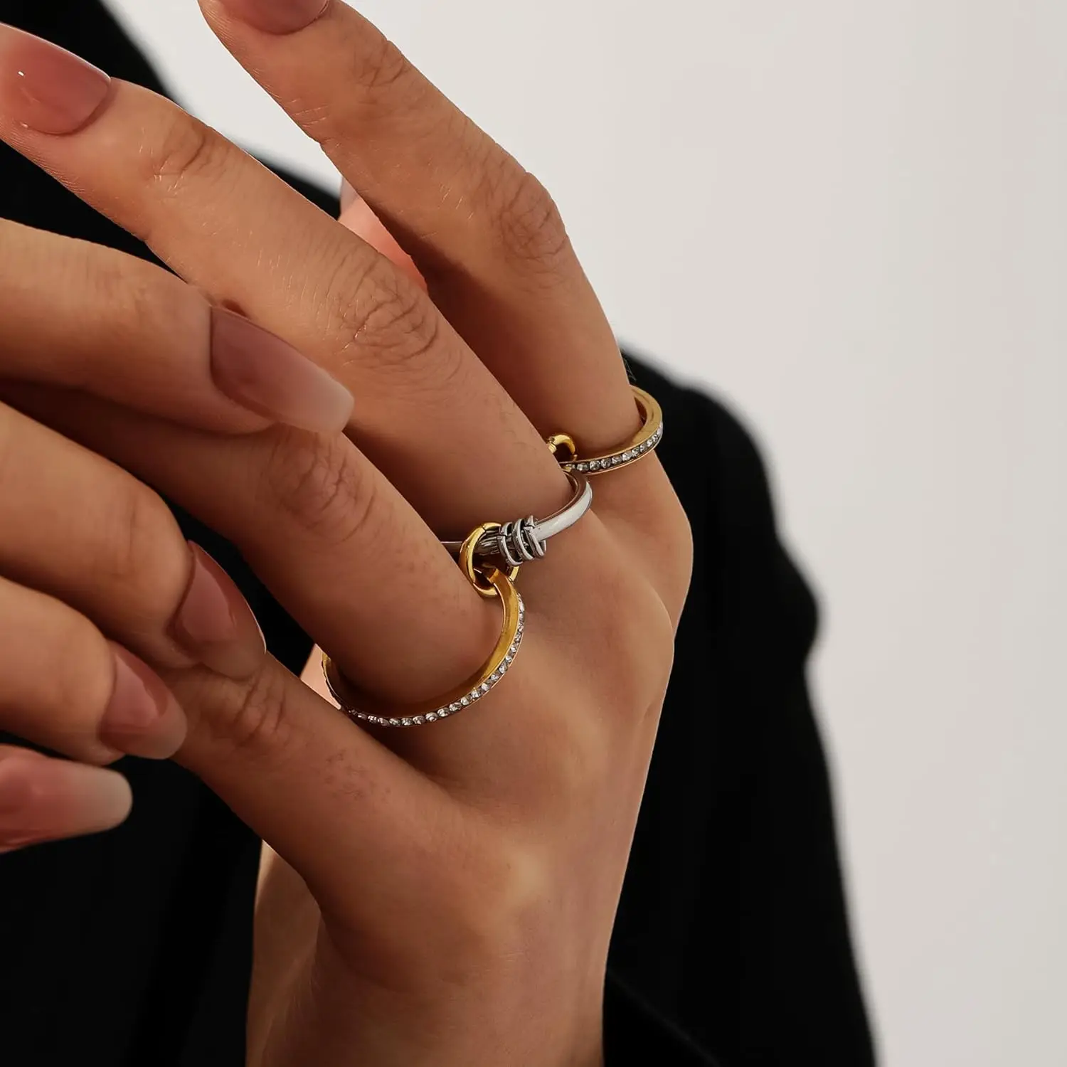 Stainless Steel Cubic Zirconia Stackable Rings for Women 18k GoldPlating Multi-Link Connected Statement Ring Stack Jewelry