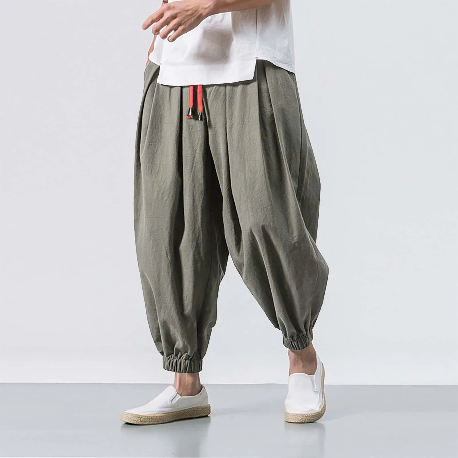 Men Pants Cotton Linen Bloomers Oversize Solid Color Leggings Loose Breathable Dailywear