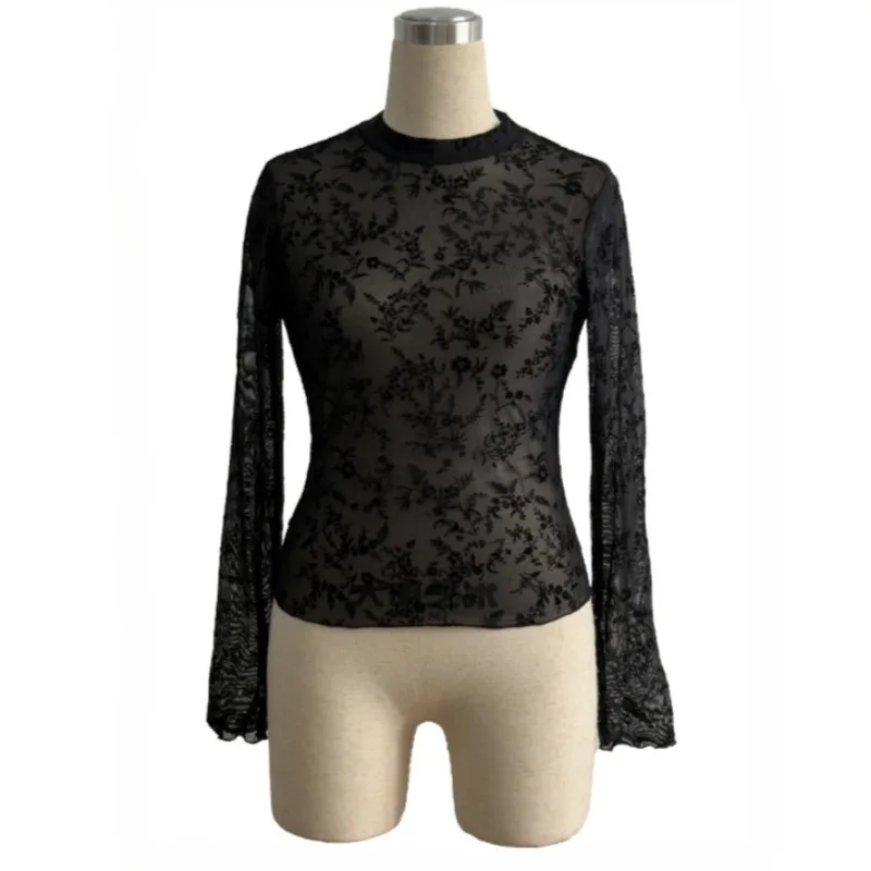 Women's Sexy Black O Neck Long Sleeve T-shirt Y2k Sheer Mesh Lace Bodysuit Stretchy Slim Fit Top Fashion Floral Lace Tee