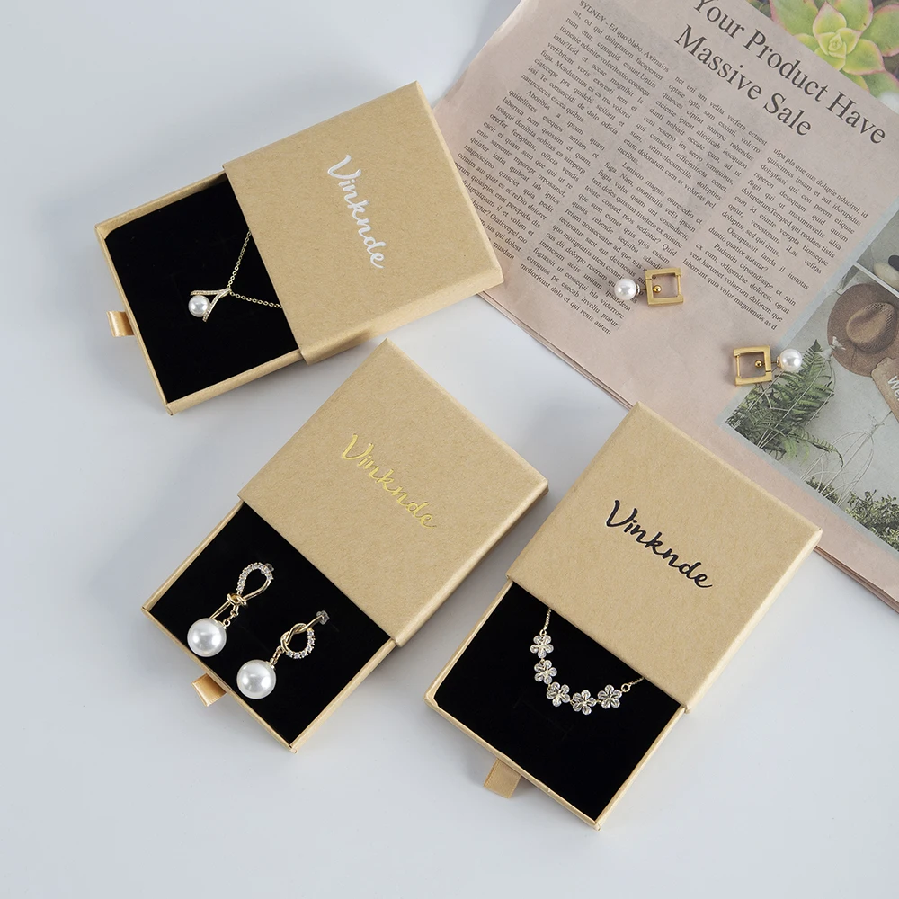 24pcs Brown Kraft Paper Drawer Sliding Jewelry Packaging Boxes Custom Logo Travel Earrings Ring Necklace Storage Gift Box Case