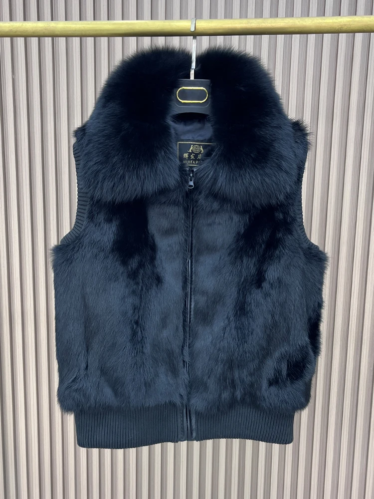 Femmes véritable réel lapin fourrure gilet manteau tricot hiver col de fourrure de renard veste de fourrure décontracté court vêtements d'extérieur mince avec fermeture éclair