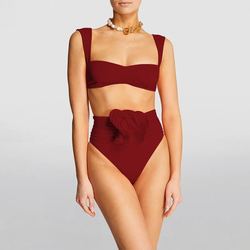 Fashion 3D Flower High-waisted Bikini Swimsuit Summer Beach Wear Swimsuit Women Two-Pieces Solid Color Swimwear