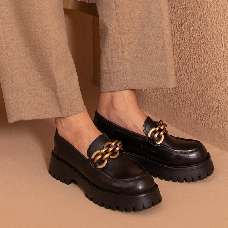 BeauToday Metal Chain Loafers Women Genuine Cow Leather Slip On Trend Ladies Shoes Mary Janes Chunky Flats Handmade 27788