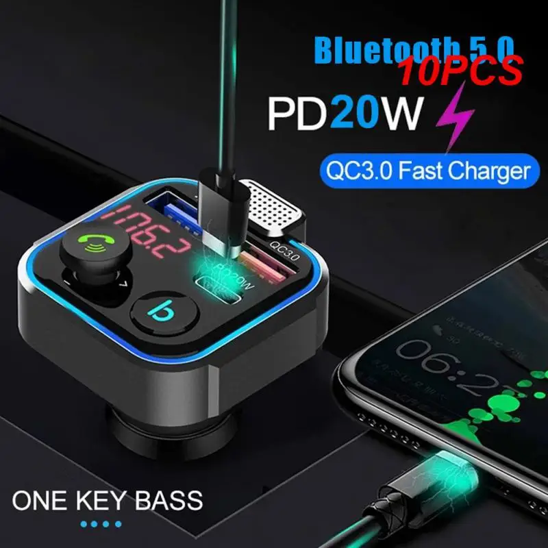 

10PCS Car Bluetooth 5.0 FM Transmitter Audio Adapter One Key Bass Mp3 Player Large Microphone USB Music Play QC3.0 PD20W Quick