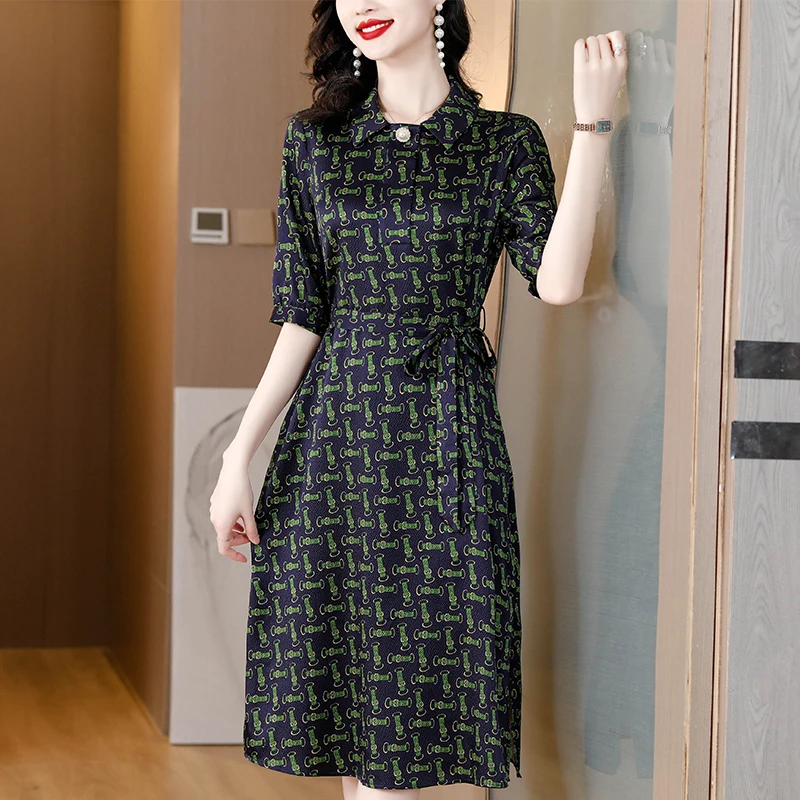 

Silk silk elastic satin dress 2023 new style of temperament printed meat shading slimming age skirt