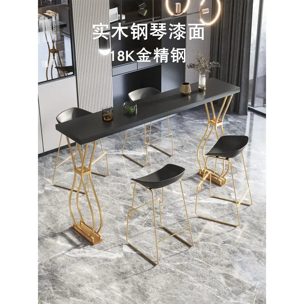 Bar Table Chair Combination Luxury Solid Wood Bar Table Home Milk Tea Shop Wall Long Table High Wrought Iron Chair
