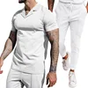 2024 Foreign Trade Summer New Waffle V-neck Casual Polo Collar Men's Short Sleeved Long Pants Set Men's Clothing 1