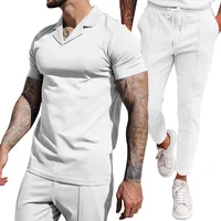 2024 Foreign Trade Summer New Waffle V-neck Casual Polo Collar Men's Short Sleeved Long Pants Set Men's Clothing 1