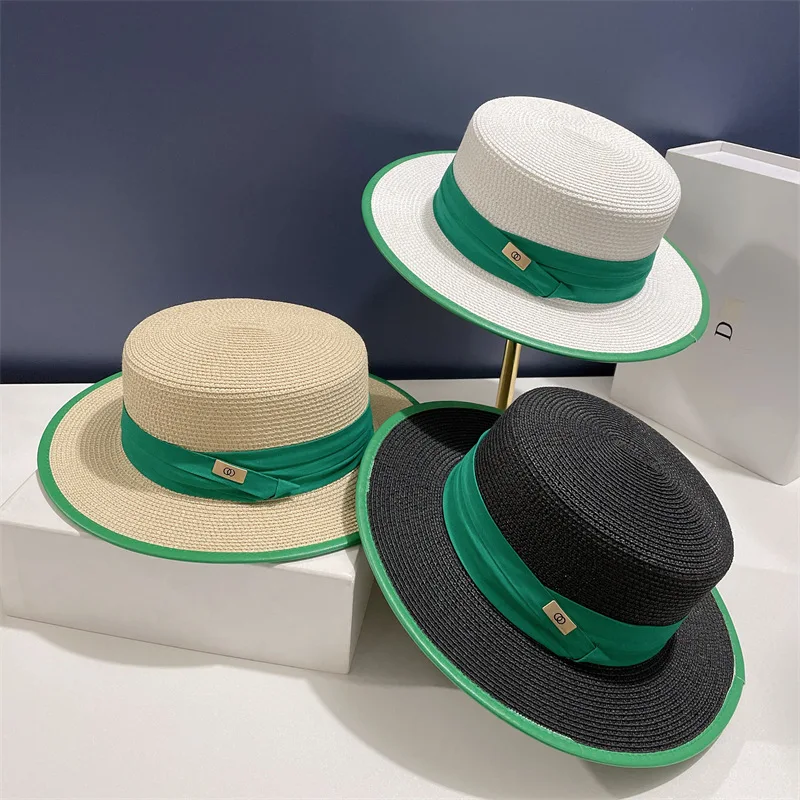Green straw hat green leather binding new top hat flat top straw hat